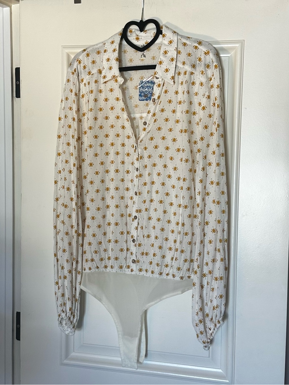 Vintage NWT Free People Cream Floral Button-Up Bodysuit Blouse with Yellow Print